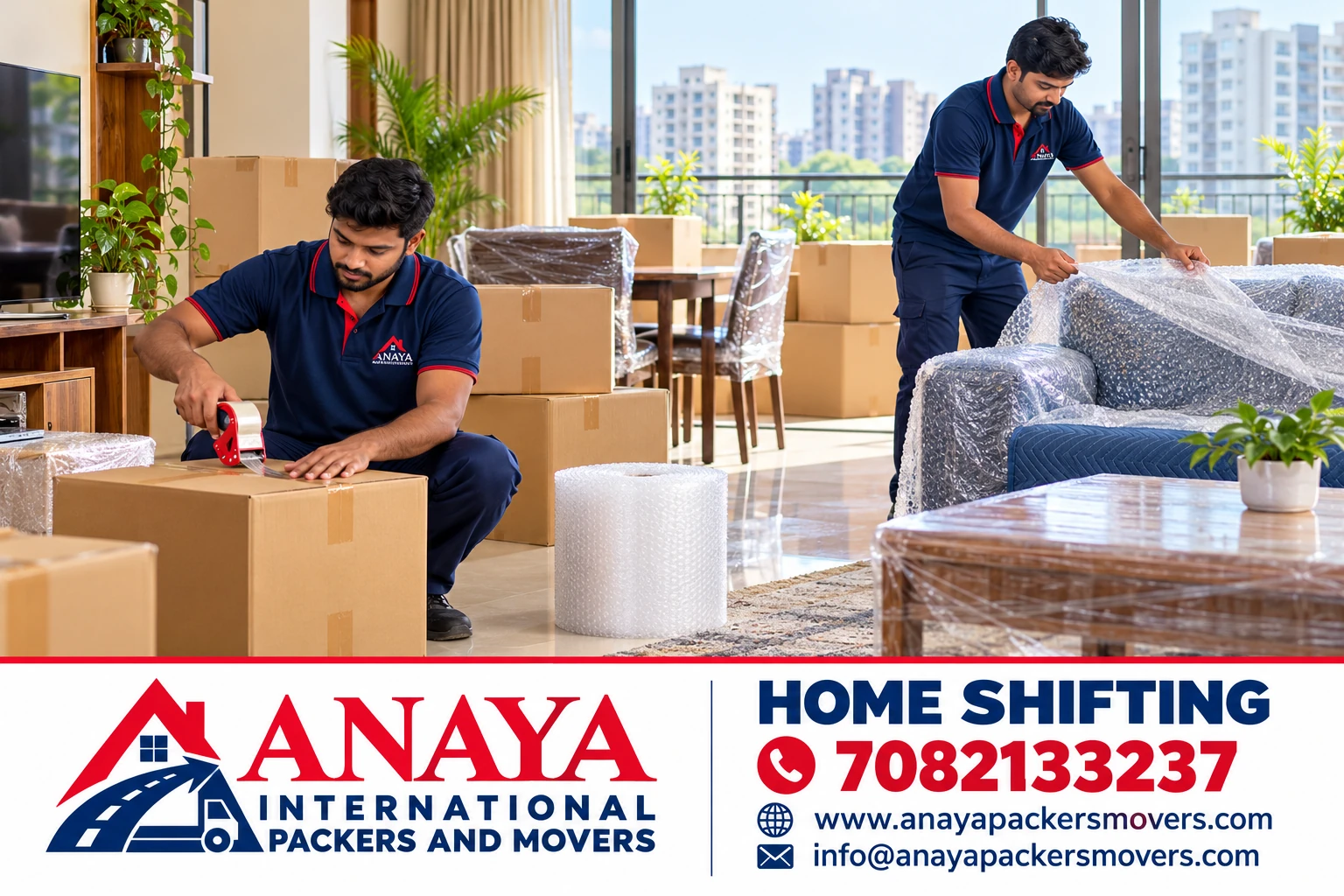 Indian movers carefully packing household cartons and furniture, with Anaya branding and contact details